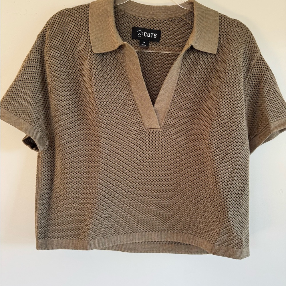 Olive Green Mesh Knit Short Sleeve Top